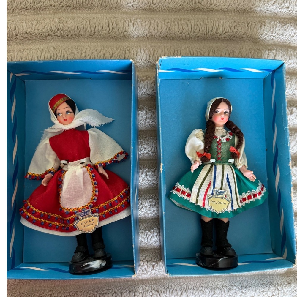 Vintage Eros Dolls Italy Lot of 2 Greece and Poland Folk Costume‎ 7 Inch Boxed